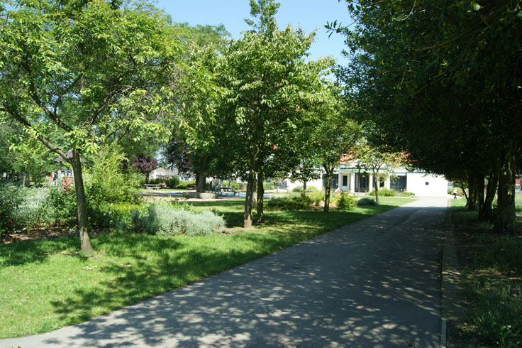 A pavement in a park, with trees either side and a pavilion in the background.